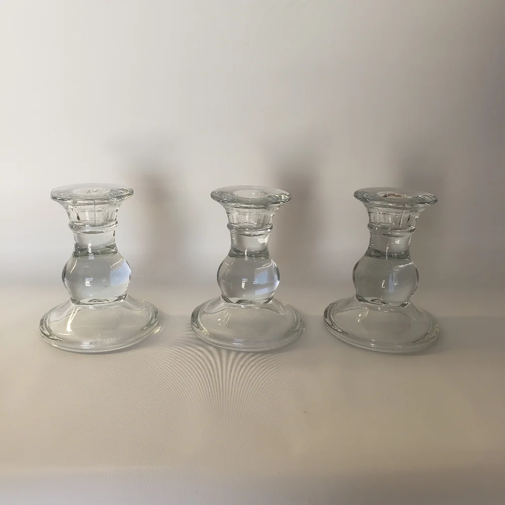 Vintage Leaded Clear Glass Taper Candle Holder Set Of 3